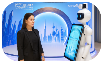 AI Robot Photo Booth at Dubai exhibition capturing branded, AI-enhanced photos for corporate event attendees in a vibrant, tech-driven setting